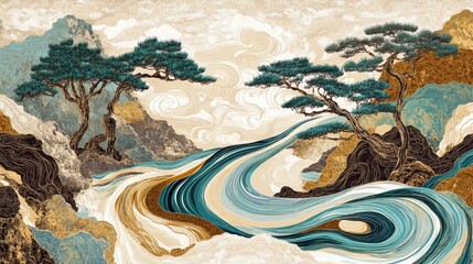Wall Mural - artwork featuring the flowing lines of a river, with a background in beige and brown tones, accented by teal blue to depict the water flow