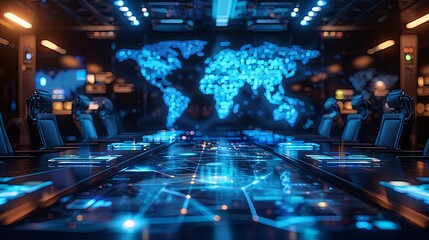 Wall Mural - futuristic control room displays world map and advanced technology interfaces