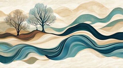 Wall Mural - artwork featuring the flowing lines of a river, with a background in beige and brown tones, accented by teal blue to depict the water flow