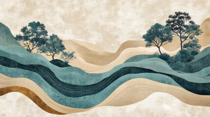 Wall Mural - artwork featuring the flowing lines of a river, with a background in beige and brown tones, accented by teal blue to depict the water flow