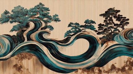 Wall Mural - artwork featuring the flowing lines of a river, with a background in beige and brown tones, accented by teal blue to depict the water flow