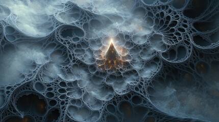Glowing peak emerges from ethereal, dark landscape.