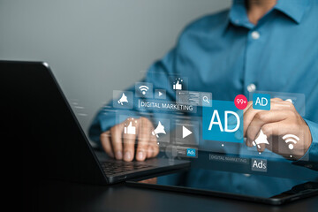 Wall Mural - businessman using laptop with digital marketing advertising dashboard. online sales concept, adverti