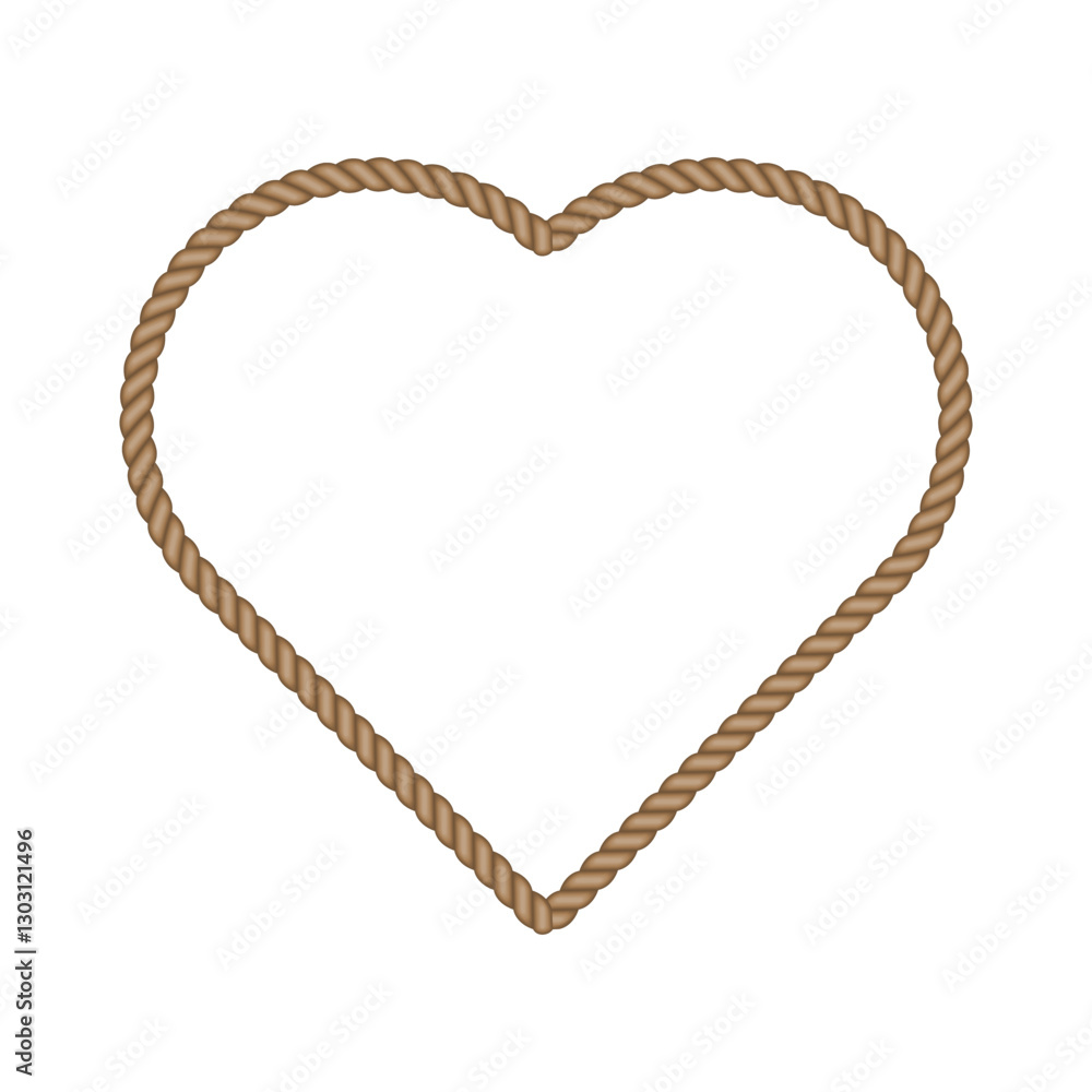 Brown rope heart frame. Blank string cord heart shape border. Nautical ...