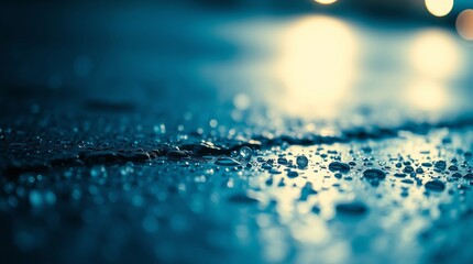 Close-up of water droplets on wet surface with soft bokeh lights in background