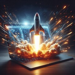 Rocket Launch from Laptop. Startup Innovation and Digital Growth