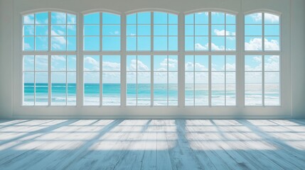 Poster - Large window overlooking the ocean with a white room in the background. The room is empty and the window is open, allowing the ocean breeze to flow in. AI generated