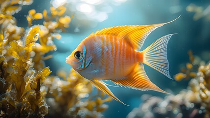 Wall Mural - Glowing Angelfish Elegantly Swimming Amidst Aquatic Plants in Soft Underwater Light