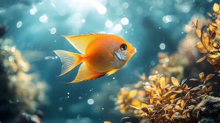 Wall Mural - Serene Angelfish Swimming Amidst Aquatic Plants in Soft Underwater Light