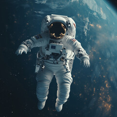 astronaut floating in space with earth in cinematic background