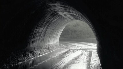 Poster - Tunnel with a road in front of it. The tunnel is dark and the road is wet. AI generated
