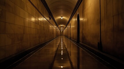 Poster - Long, narrow hallway with a yellow light shining down on it. The hallway is empty and the light casts a warm glow on the walls. AI generated
