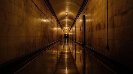 Poster - Long, narrow hallway with a single light source. The hallway is empty and the light casts a shadow on the floor. AI generated