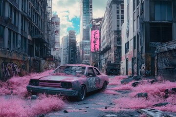 Naklejka na meble Abandoned Car Covered in Pink Fluff in a Post-apocalyptic Cityscape