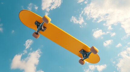 Wall Mural - bright yellow skateboard in mid-air against a clear blue sky