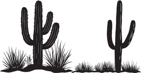 Cactus in desert silhouette on white background 