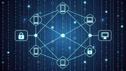 digital network with devices and security icons, representing connectivity and data protection. back