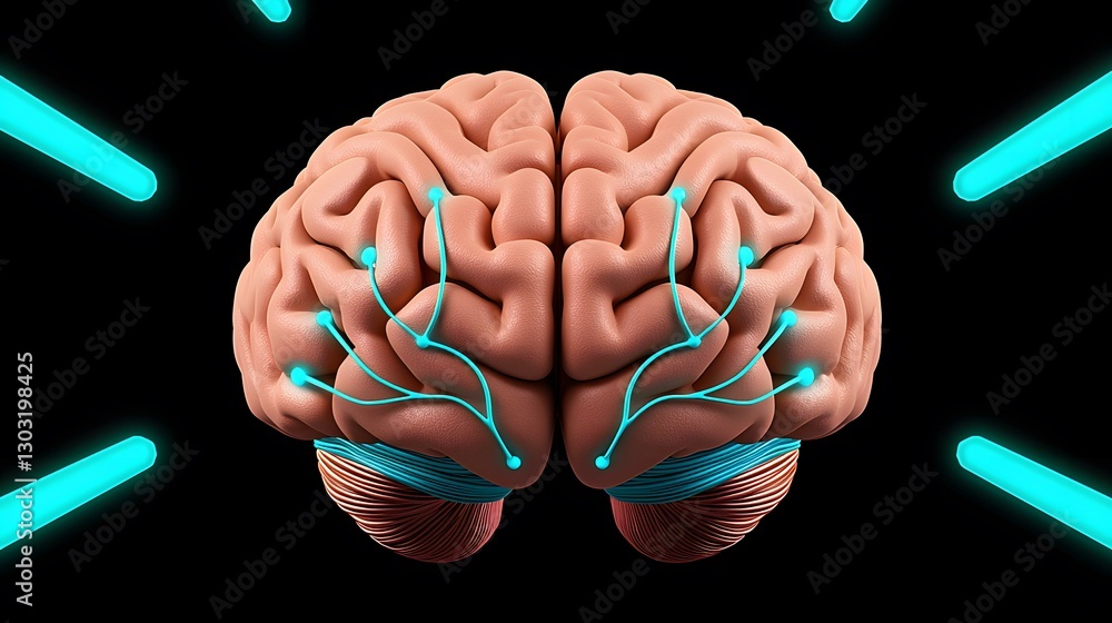The image shows a 3D model of a human brain with highlighted neural ...