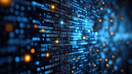 Abstract digital data stream background with glowing binary code.