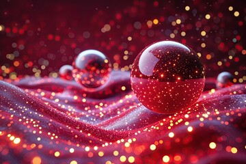 Wall Mural - Dynamic Digital Innovation with Vibrant Red Background and Shimmering Light Orbs