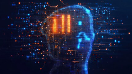 Digital head with glowing binary code inside.