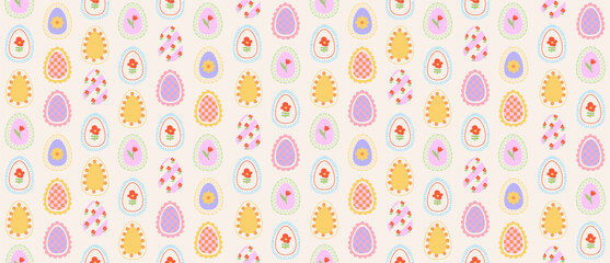 Wall Mural - easter eggs seamless pattern trendy design with easter eggs and spring flowers in geometric style wi