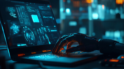 Cybernetic Interface: A cybernetic hand interacts seamlessly with a laptop, displaying complex technological interfaces and illuminating the cutting-edge world of data. 