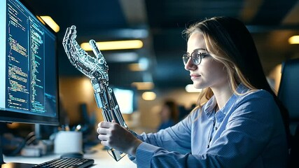 A female programmer with a bionic hand integrates seamlessly with tech in a modern workspace.