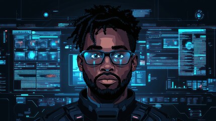 Serious man with dreadlocks and glasses in front of digital screens.