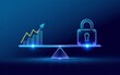 © Sohail - Security vs. Growth Balance: A digitally rendered image showcases a scale with a padlock balancing an upward-trending chart, symbolizing the crucial equilibrium between security and growth.
