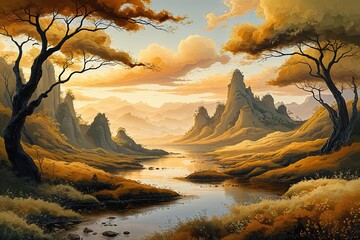 Wall Mural - Enchanting Imaginary Vistas with Cozy Amber and Olive Hues in Fluid Textured Artwork