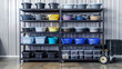 © Jack - A modern production storage rack with freshly painted shelves holding new plastic bins of raw materials, a shiny metal cart parked nearby.