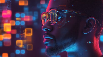 Man wearing AR glasses, digital interface overlay.