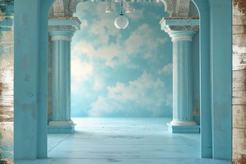 Wall Mural - Pastel Blue Background with Soft Blurred White Center and Vintage Textured Border Design