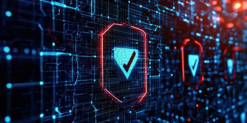 Wall Mural - firewall successfully blocking threats, marked with checkmarks.