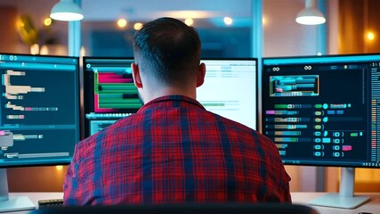 a male programmer working on blockchain technology in a contemporary office setting.