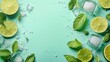 © Alla Bondaruk - Perfect Banner for Social Media & Posts. Enjoy refreshing mojito ingredients with mint leaves, lime slices, ice cubes, and sugar arranged on a bright pastel backdrop for perfect summer drinks.