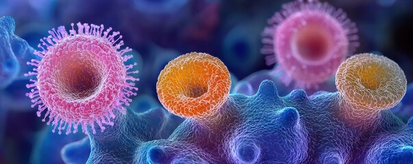Wall Mural - close-up of viruses among cellular structures in a vibrant biological illustration