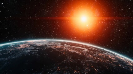 a breathtaking view of earth from space with the sun shining brightly in the background.