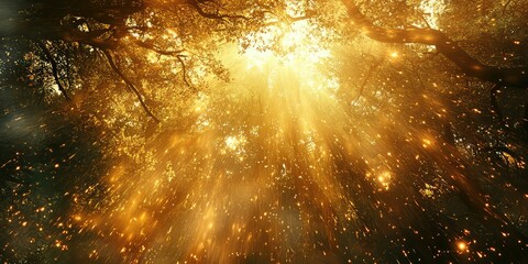 Wall Mural - sun-kissed forest floor shimmering under radiant golden beams