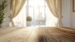 © liliyabatyrova - Golden rays of morning light fill a bright room with soft curtains, casting a warm glow on a polished wooden table. A sense of calm and tranquility envelops the inviting space
