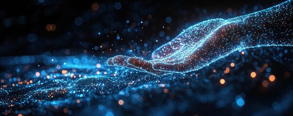 Wall Mural - hand over a vibrant digital landscape with glowing data points