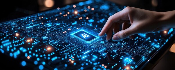 Wall Mural - hand points to ai technology illuminating digital interface concept