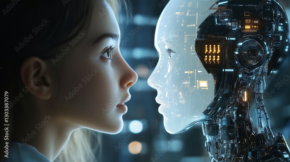 People Using Advanced Technology advanced technology with android person interacting with robotic ai ...