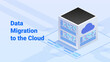 © Ico Maker - Data migration to the cloud. Cube with a cloud icon on one side, connected to various lines indicating data transfer pathways. Isometric vector illustration