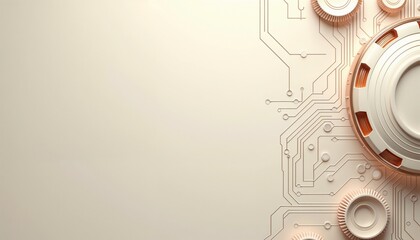 Futuristic rose gold fintech circuit board design on pale ivory background showcasing innovation