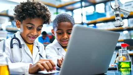 Students engaged in coding activities in a contemporary STEM classroom equipped with digital tools.