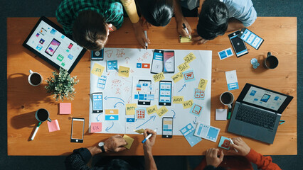 Wall Mural - top view of developer team sharing idea of ux ui design by using mind map. top down view of group of