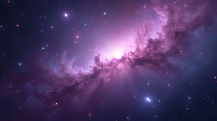 Wall Mural - Purple and Blue Cosmic Nebula with Bright Center, Dust, Light Rays, Stars in Deep Space Celestial Universe Galaxy Art Background