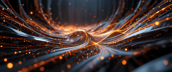 futuristic technology background with glowing orange light streaks and metallic cyberpunk design